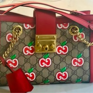 Gucci Padlock GG Supreme Red Apple Canvas Small Tote Shoulder Bag